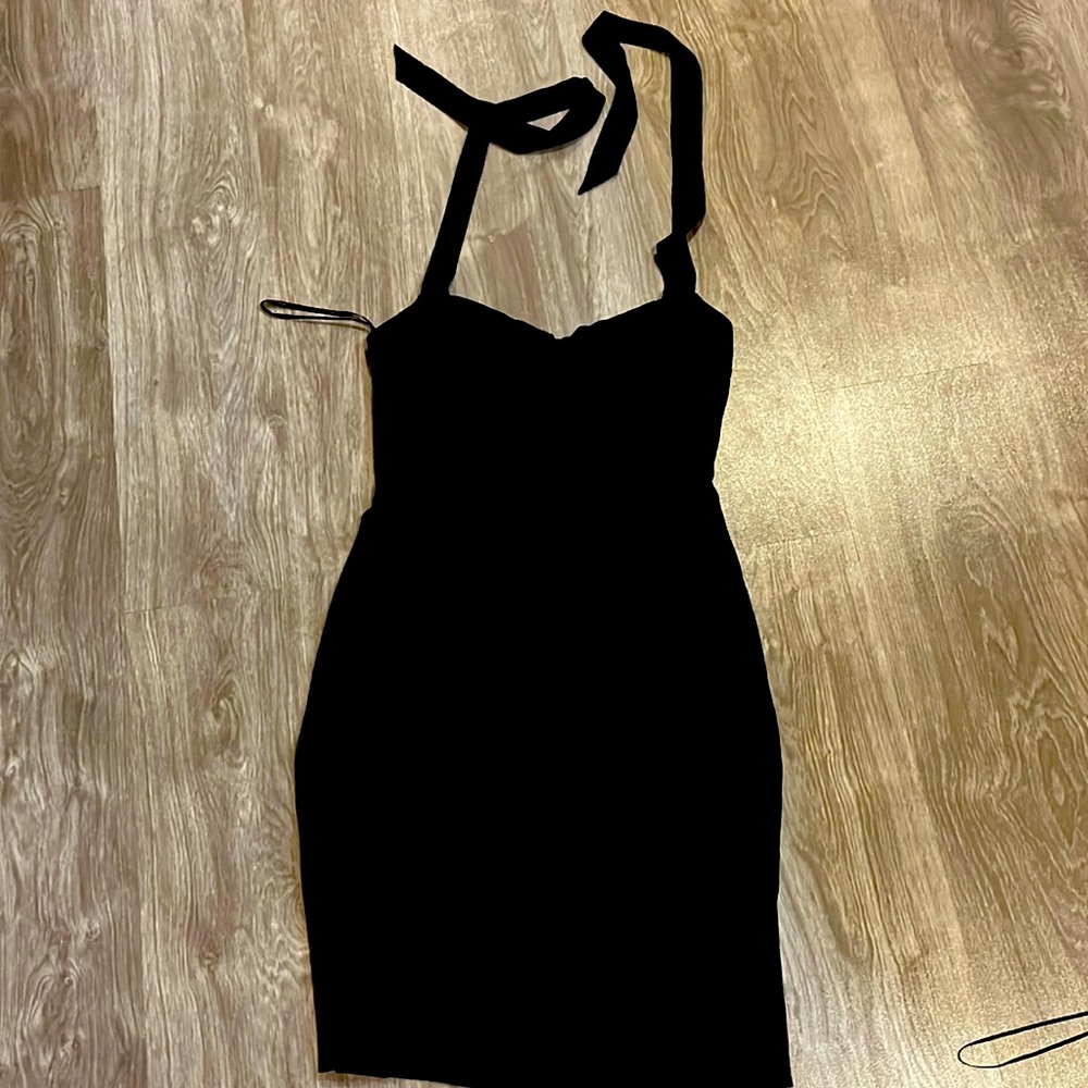 Silk, lined with silk slip, ties around neck--fitted